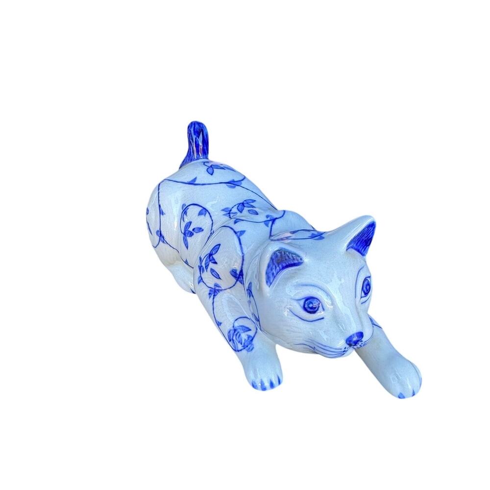 Vintage hand painted ceramic crouched cat white blue painted floral Thailand